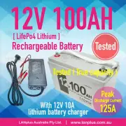 New 12V 100Ah Lithium LiFePO4 Battery for Solar 4WD Caravan & Battery Charger
