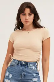 Beige Tie Side Baby Tee - Size M, Women's Top