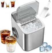 Self-Cleaning Ice Machine,Ice Maker Machine Counter Top,Stainlesss Portable Small Clear Ice Cube Maker,12kg/26lb in 24h,Ice Ready in 6 Mins,2 Ice Sizes,for Kitchen/Party/bar