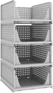 Pinkpum Stackable Plastic Storage Basket, Foldable Closet Organizers and Storage