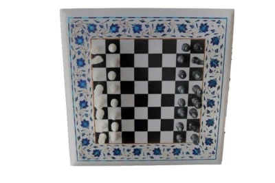 White Marble Chess Set With Chess Pieces Handmade Lapis Stone Marquetry Fine Art