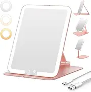 Travel Makeup Mirror with Light, Portable Folding Travel Mirror, LED Dimmable 3 Colors Lighted Cosmetic Makeup Mirror, Rechargeable Compact Vanity Mirror, Freely Adjust Height and Angle, Rosegold
