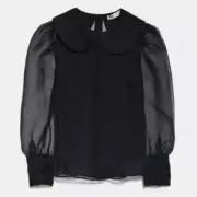 BNWT Zara Peter Pan Collar Black Organza Blouse Bloggers Size S REF 9479/268/800