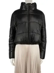 Black Leather Cropped Puffer Jacket