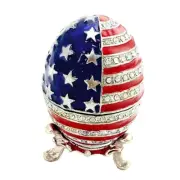 Vintage Crystaled American Flag Colored Enamel Egg Trinket Jewelry Storage Box