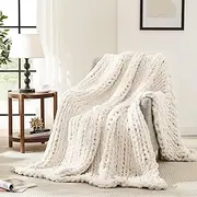 [L'AGRATY] Chunky Knit Blanket Throw,Soft Chenille Yarn Throw Blanket 50x60，Handmade Thick Cable Knit Crochet Blanket,Large Knit Blanket Chunky Yarn,Rope Knot Throw Blanket for Couch Sofa Bed Home Decor