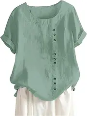 [Generic] Womens Long Sleeve Tees T Shirt Boho Tanic Size Tops Womens Linen Loose Daily Blouse Plus Button Casual Women's Blouse Hiking Shirts Women (Green-1, L)