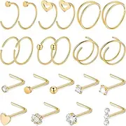 [Vegolita] 21PCS 22G 316L Stainless Steel Nose Rings Hoops for Women Men CZ L Shaped Nose Studs Open Hoop Nose Rings Nostril Piercing Jewelry