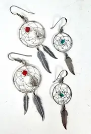 Lot 2 Pair Navajo Sterling Earrings Dream Catchers Bear Turquoise Feathers Drop