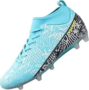 [Vizari] Saco FG Adult Soccer Cleats for Outdoor Play | Mint/Black Mid-Cut High Ankle Football Shoes with Sock | Professional Spikes High Top Football Cleats | Transparent Studs Soccer Cleats