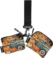 [XYMZR] Mini Zip Around Wristlet keychain Wallet Vintage Truck Pumpkins Thanksgiving for Women Personalized Pattern Detachable Dual Pouch Wristlet Portable Wallet Phone Coin Purse, Multi-colored, One