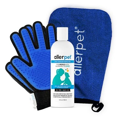 Allerpet Dog Dander Remover Conditioner Spray 12oz + Grooming Gloves & Mitt