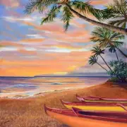Lahaina Canoe Beach Fabric Panel~ Maui Hawaiian Sunset Outrigger Quilt Square