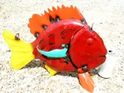 Metal Art Fish, Hand painted Junk Iron Art, Red