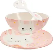 Luxshiny Rabbit Bowl and Plate Set Boys and Girls Plate Set Bowl and Spoon Cartoon Dishware