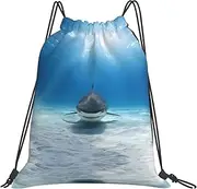 [JEJEA] Tiger Shark Print Drawstring Backpack Waterproof Back Bag Cinch Bags Swim Gym Travel Bag For Men Women, White, One Size
