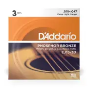 D'addario 3 Sets EJ15 Extra Light Acoustic Guitar Strings EJ 15 3D Pack 10-47