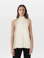 Ecru Silk Polkadot Sleeveless Top
