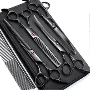 7.0in Stainless Steel 6 In 1 Professional Dog Grooming Scissors Kit, Heavy 4cr Titanium Coated Straight & Thinning & Curved Shears & Comb Set For Dog