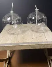 (2) A Pair of Oil Lamps Belag Glass Hand Blown Space Age Design Wicks Boxed New