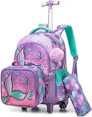[HTgroce] Trolley Backpack with Wheels, Pencil Case, Lunch Bag, 3-in-1 Lightweight Rolling School Bag for Girls, School Bags Trolley Sets