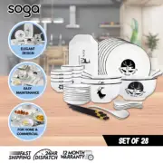 SOGA White Antler Printed Ceramic Dinnerware Crockery Round Bowl Plate Set of 28