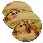 Adorable Shih Tzu Puppy Wood Car Coaster Gift Set fit Car & Truck Cup Holder