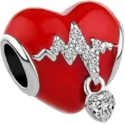 [OutstandLong] Heartbeat EKG Charms for Pandora Bracelets Red Heartbeat Heart Bead for European Bracelets, Metal, base