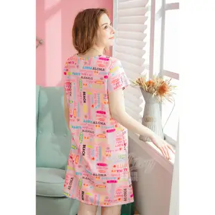 【Kilei】女生睡衣 連身睡衣 連身裙 睡衣裙 居家服 彩色造型英字棉質連身休閒T睡衣XA3702(繽紛粉)全尺碼