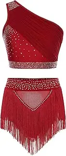 [Riismen] Women Lyrical Dance Costume Ruched Sparkle Crop Tops with Skirts Latin Tango Contemporary Dancewear