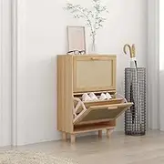Shoe Cabinet Brown 52x25x80 cm – Engineered Wood and Natural Rattan, Slim Flip Drawer Shoe Organizer Cabinet for Entryway, Space-Saving Short Shoe Storage Rack with Doors, Apartment Essentials