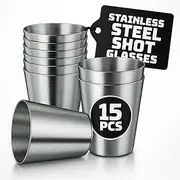 Set of 15pcs Stainless Steel Shot Glasses Drinking Vessel - 30 ml (1oz) Outdoor Camping Travel Coffee Tea Cup, Silver Cup - Unbreakable Metal Shooters for Whiskey Tequila Liquor Great Barware Gift