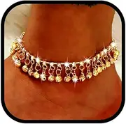 [Bounzhi] Boho Bell Indian Anklet Bracelets Gold Rhinestone Tassel Foot Anklets Chain Beach Summer Foot Jewelry for Women