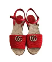 Gucci Lilibeth Crochet Pearl GG Platform Red Espadrilles women size 40 new