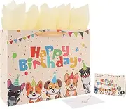16.5” Extra Large Dog Happy Birthday Gift Bag Set with Handles, Greeting Card, Tissue Papers and Stickers for Girl Boy Kid Women Men, Cream Puppy Design, 1 Pcs