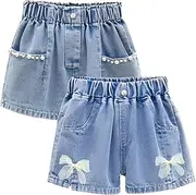 [Amur Leopard] Children's Girls' Denim Shorts 2-Pack Casual Thin Shorts for Summer, Blue A, 146