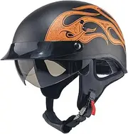 Retro Motorcycle Half Helmet Flame Pattern Retractable Visor Detachable Brim Skull Cap Helmet Spoon Helmet Moped Helmet DOT Certification Crash Helmet for Men and Women