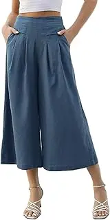 [SOLFEJ] Women's Linen and Linen Cropped Trousers Summer Casual Loose Drawstring Elastic Waist Trousers Comfortable Wide Leg Lounge Capri Pants with Pockets