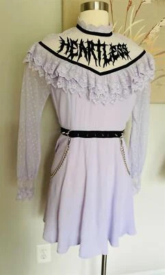 Lavender Gothic "Heartless" metal high collar lace dress detachable chain Medium