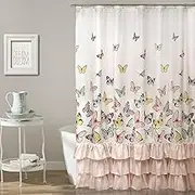 Lush Decor Flutter Butterfly Shower Curtain | Textured Ruffle Print Fabric Bathroom Decor, 72” x 72”, Pink