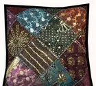 Black Cushion pillow cover throw Ethnic heavy patchwork sari beaded 24" square