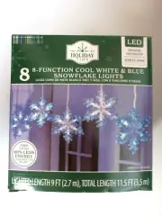 HOLIDAY TIME LED 8PC 8-FUNCTION COOL WHITE & BLUE SNOWFLAKES LIGHTS - NEW