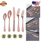 Stain-Resistant 40 Piece Titanium Rose Gold Silverware - Modern Cutlery Set