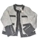 NWT NANETTE LEPORE Sequin Tweed Fringe Denim Trim Open Front Blazer Size L $138