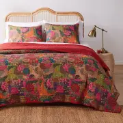 Jewel 100% Cotton Kantha Quilted Reversible Bedding Set, Twin (2 Piece), Red