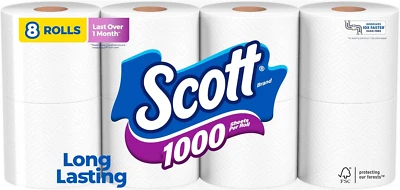 1000 Toilet Paper, 8 Rolls, Septic-Safe, 1-Ply Toilet Tissue