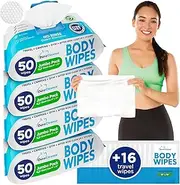 XL Body Wipes - (4 Pack) 200 Shower Wipes + 16 Travel Bath Sheets - 9" x 12" Thick Cleansing Waterless Washcloths - No Rinse Disposable Adult Wash Cloths for Elderly Incontinence, Camping Essentials