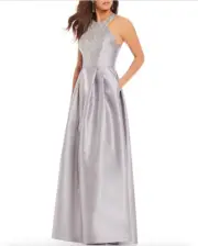 Adrianna Papell Mikado Beaded Halter BALL Gown Silver sz 8 POCKETS FORMAL