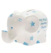 My First Money Bank Elephant Money Box Small Ceramic White with Stars - Blue