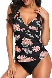 [Holipick] Tummy Control Two Piece Tankini Set Swimsuits for Women V neck Tankini Top Bathing Suits with Swim Bottom